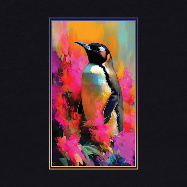 Penguin Vibrant Tropical Flower Tall Digital Oil Painting Portrait by ArtHouseFlunky